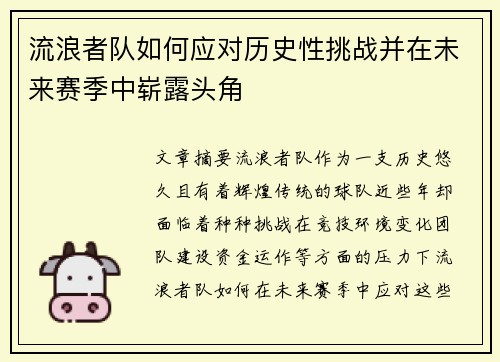 流浪者队如何应对历史性挑战并在未来赛季中崭露头角